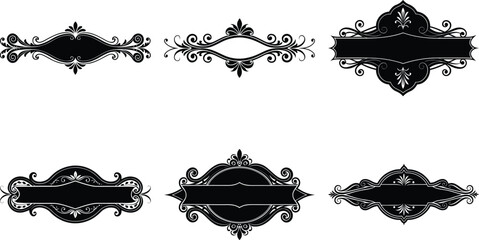 Vector art of six ornate black decorative frames with vintage designs