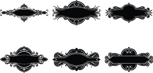Vector art of collection of six ornate black decorative frames