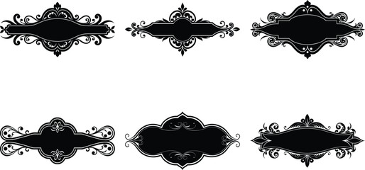 Vector art of collection of six ornate black decorative frames