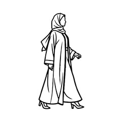 Naklejka premium Woman wearing hijab and an abaya walks gracefully, , representing elegance and modest fashion with modern touch, showcasing cultural attire in simple line style