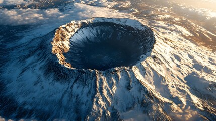 Stunning aerial view of a snow-capped volcanic crater at sunset with surrounding mountains and clouds