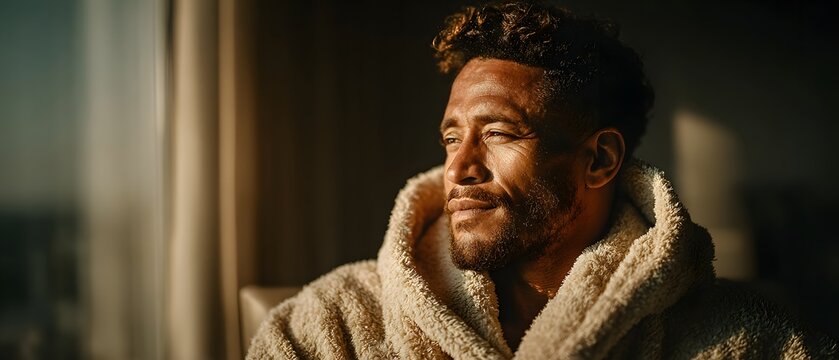 Handsome man in white spa robe sits calmly in a luxury suite bathed in warm natural light, radiating quiet confidence, balance, and refined wellness in a serene minimalist mood.