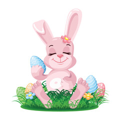 Cute Easter bunny with colored Easter eggs. Vector illustration in cartoon style.