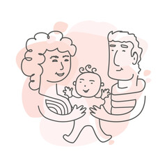 Happy family with a newborn baby. Family Day. Family time. Vector outline illustration.