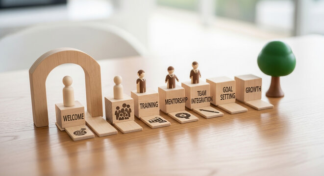 Visualize your complete employee journey from welcome and training through mentorship, integration, goal setting, and ultimate growth with this inspiring wooden block concept.