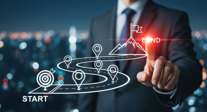 Businessman navigates digital roadmap towards ambitious goals, visualizing strategic business journey to success.