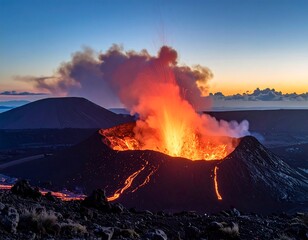 Obraz premium Volcano erupts with lava flow at dusk, plume of smoke rising against a horizon of colorful dawn sky
