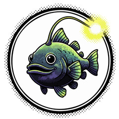 A Deepglow fish vector illustration, side view, isolated on a white background, simple black and white sketch, icon, minimalism, no people, close-up, concept, nature, art	