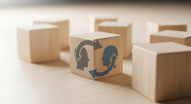 Symbolic wooden cube illustrates collaborative communication, connection, and shared ideas between two distinct profiles with reciprocal arrows