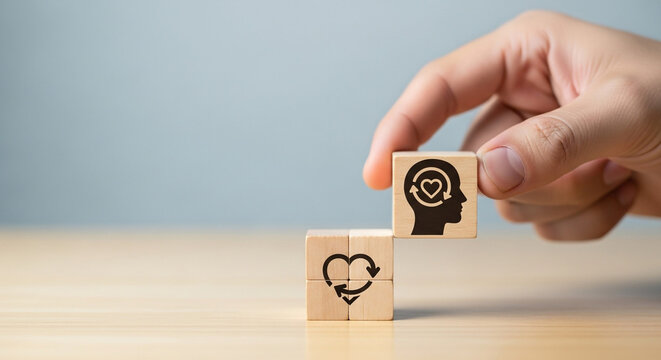 Person's hand places wooden block with head and heart icon, symbolizing self care and mental wellness journey