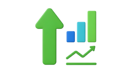 Green Upward Arrow Chart with Bar Graph and Line Graph on Transparent Background