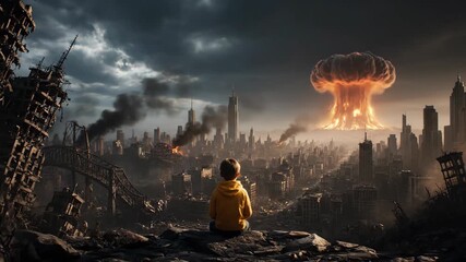 A lone child in a yellow hoodie sits amidst the ruins of a destroyed city watching a nuclear bomb explosion symbolizing the apocalypse and loss of innocence.

 - Powered by Adobe