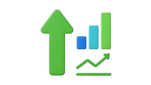 Green Upward Arrow Chart with Bar Graph and Line Graph on Transparent Background