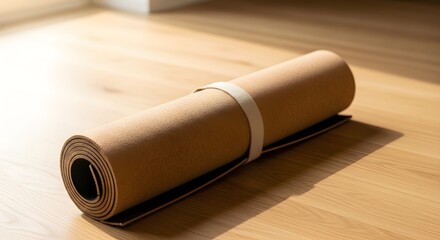 Rolled up yoga mat on a wooden floor with soft lighting