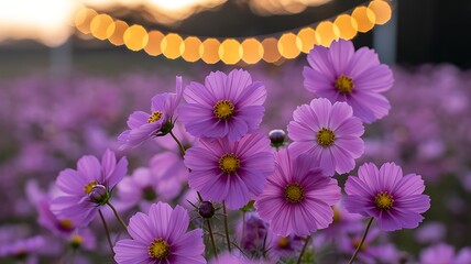 Purple Cosmos Flowers at Twilight with Glowing Bokeh Lights – Dreamy Floral Nature Scene