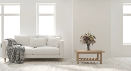 Fototapeta premium Bright modern living room with white sofa and wooden side table