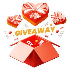 Open Red Gift Box Overflowing With Confetti And Three Heart Shaped Boxes With Ribbons And The Word GIVEAWAY In Yellow Text Against A Transparent Background