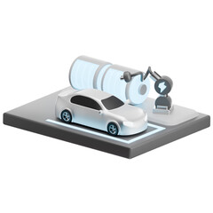 Futuristic Electric Car Concept On A Gray Platform With Holographic Blue Cylinder And Robotic Arm In A Studio Setting With Minimalist Design