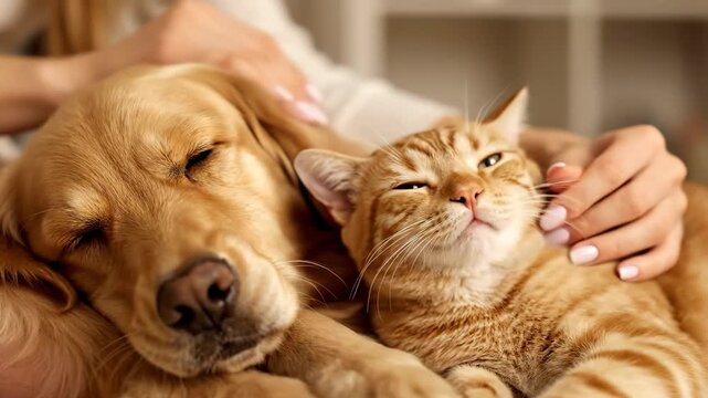 A cute ginger tabby cat and a golden retriever dog are best friends snuggling together peacefully while their owner gently pets them showing love and animal companionship.


