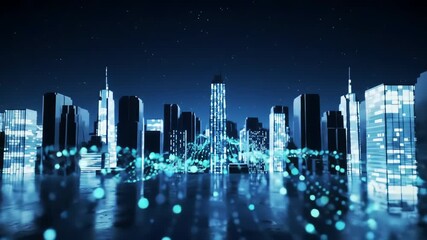 Abstract futuristic glowing cityscape with skyscrapers at night and sparkling light trails, modern architecture on the waterfront concept - Powered by Adobe