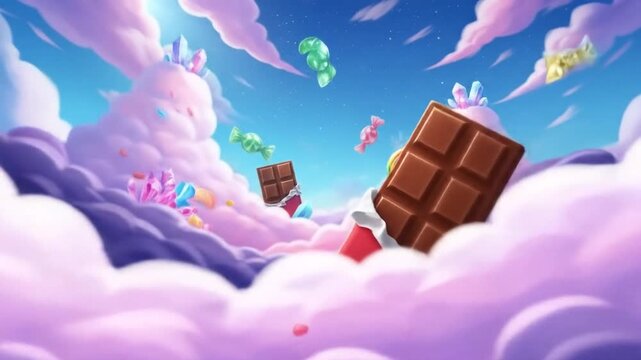 Cartoonish cloudscape with candies and gummy bears in a whimsical sky