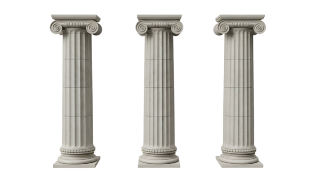 Three Classical Architectural Columns with Ionic Capitals on Transparent Background