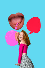 Poster banner collage of person with ear listen mouth speaking bubble on blue background
