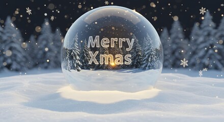 Wintery snow globe scene with "Merry Xmas" message, snowy forest, falling snowflakes, and soft lighting