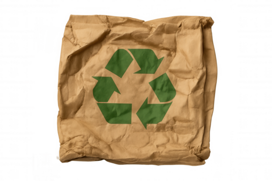 Crumpled brown paper bag displaying green recycling symbol, representing sustainability and eco-friendly shopping on transparent background - Powered by Adobe