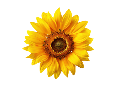 Bright yellow sunflower bloom with dark center petals, Isolated On Transparent Background