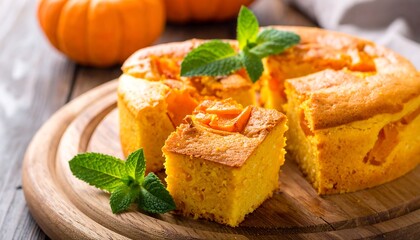 Round pumpkin cake, one slice cut, decorated with fresh mint leaves, served on a wooden board