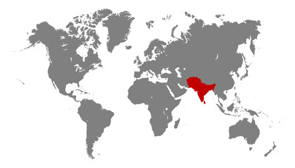 South Asia on World map. South Asia map vector. South Asia red map on white background