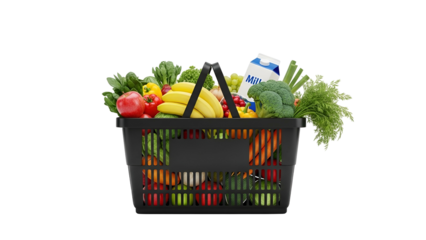 Black Shopping Basket Filled with Fresh Fruits Vegetables and Milk on Transparent Background