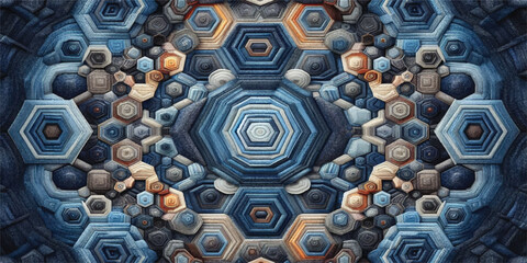 A background texture featuring a hexagonal pattern made of denim. The pattern is a complex and visually interesting design.
