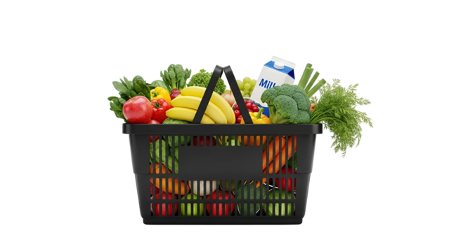 Black Shopping Basket Filled with Fresh Fruits Vegetables and Milk on Transparent Background