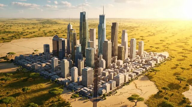 Aerial view of a futuristic cityscape with sleek skyscrapers and modern buildings in a desert landscape with sparse vegetation under a sunny sky.