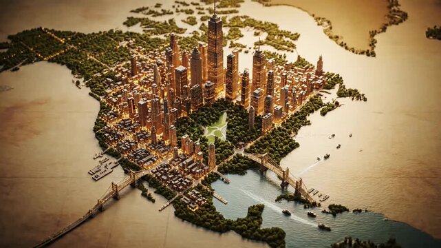 Aerial view of a futuristic cityscape with skyscrapers and a bridge over water, surrounded by greenery and a sepia-toned filter.