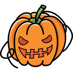 Spooky Halloween Pumpkin with a Carved Jack O Lantern Face and Green Stem on a Transparent Background with Whimsical Black Swirls