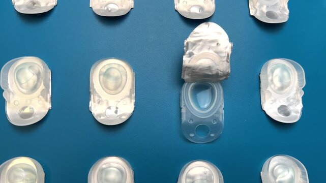Top view: a smooth approach to the disposable containers lying in a row with contact lenses and an open container on a blue background. Concept of Ophthalmology, Vision Correction, Myopia,Hyperopia