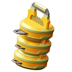 Yellow and gray industrial stacked cylindrical object with handle and clip mechanisms isolated on transparent background