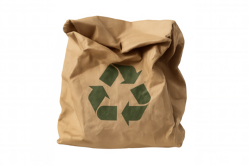 Crumpled paper bag featuring green recycling symbol, promoting waste reduction and environmental responsibility