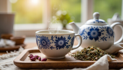 Herbal tea in floral cup with teapot and herbs on wooden tray  