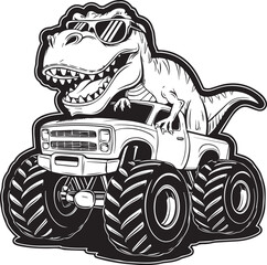 a cool T-Rex dinosaur wearing sunglasses and driving a monster truck