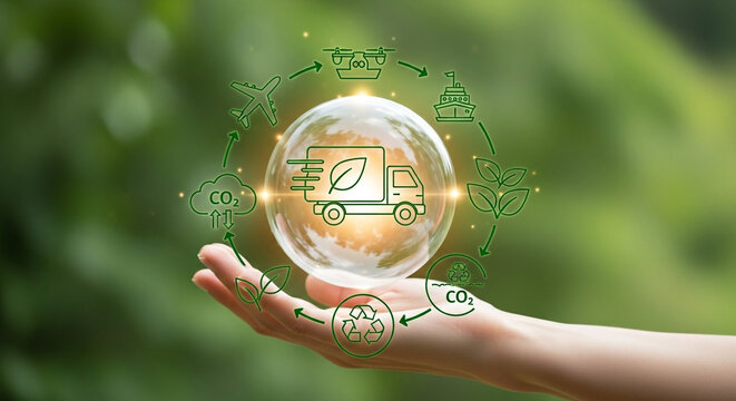 Sustainable logistics cycle visualized with eco friendly transport icons and CO2 reduction, held gently in a hand against lush green backdrop