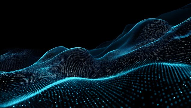 Abstract glowing digital data stream flowing across a dark undulating landscape with intricate patterns and luminous blue highlights isolated on transparent background
