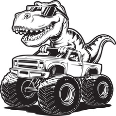 a cool T-Rex dinosaur wearing sunglasses and driving a monster truck © stock Dady