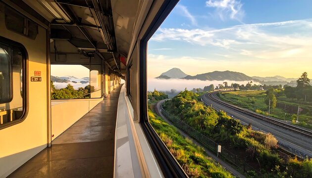 Train interior views green landscape, mountain and tracks through window, misty sky at sunrise