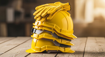 Stack of vibrant yellow construction hard hats topped with durable work gloves, ready for demanding industrial projects and site safety