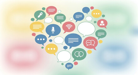 Naklejka premium Vibrant heart shape formed by colorful speech bubbles symbolizing communication, connection, and shared ideas in a modern, dynamic design