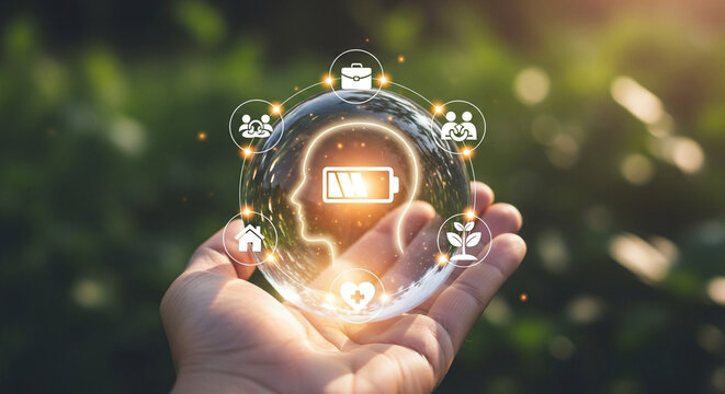 Empowering holistic well-being, a hand cradles a glowing head icon with a full battery, surrounded by symbols of career, community, home, health, and nature.